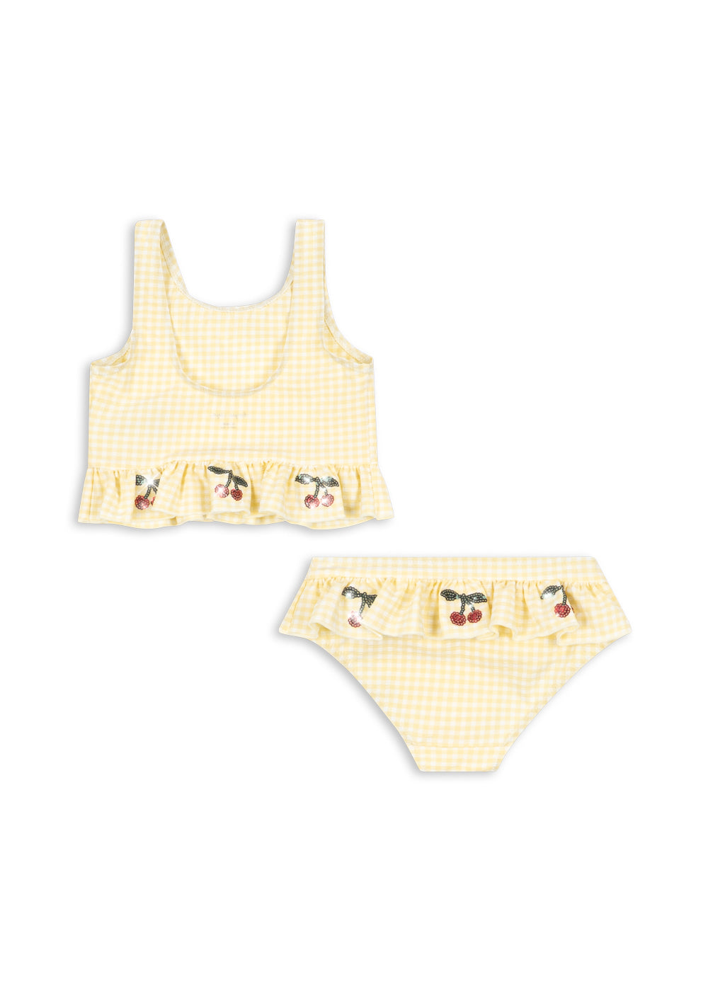 Rückansicht gelbcremefarben karierter Bikini für Mädchen mit schönem Rüschendekor