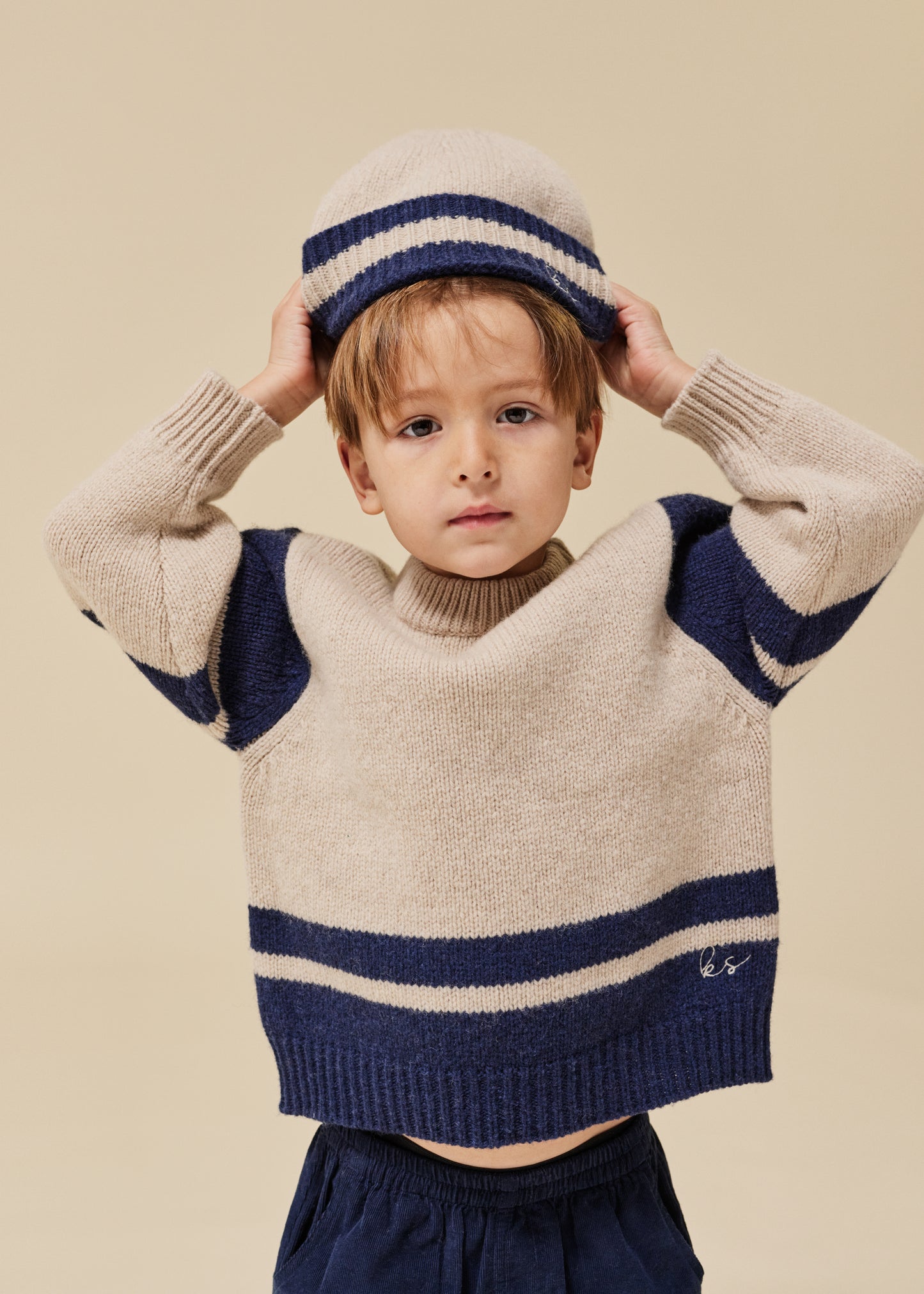 100% Wollpullover Hardy Cremé/Navy 3-8 Jahre