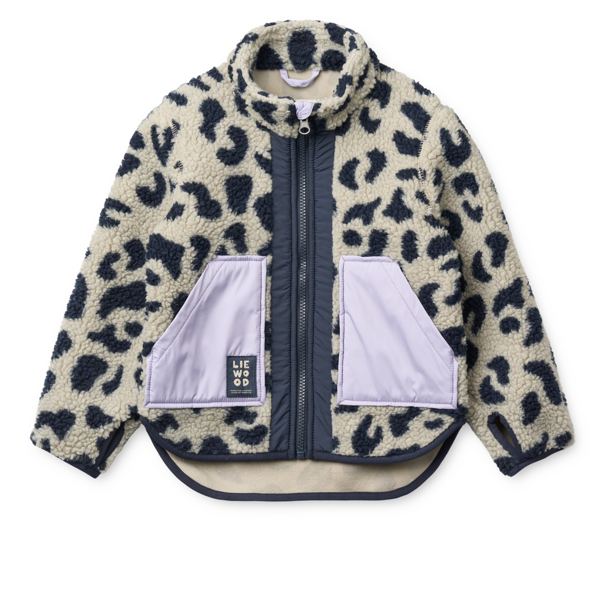 Übergangsjacke aus 100 % GRS-zertifiziertem recyceltem Polyester. Weiches Leo Muster Pile-Material, praktische lavendelfarben abgesetzte Taschen und v