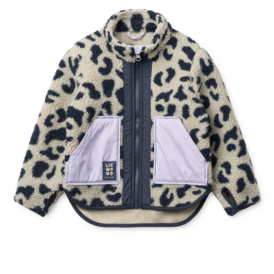 Übergangsjacke aus 100 % GRS-zertifiziertem recyceltem Polyester. Weiches Leo Muster Pile-Material, praktische lavendelfarben abgesetzte Taschen und v