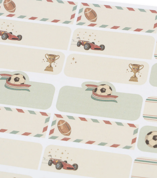 Detail 60 Stück beschriftbare Aufkleber für Schule und Co. mit Autos, Pokalen und Bällen illustriert