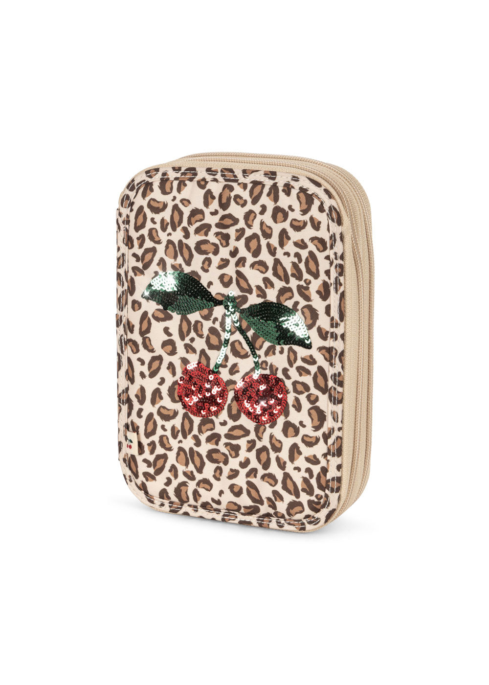 hochwertiges Konges SLojd Schulmäppchen mit Pailletten Kirsch-Applikation auf Leo_Print