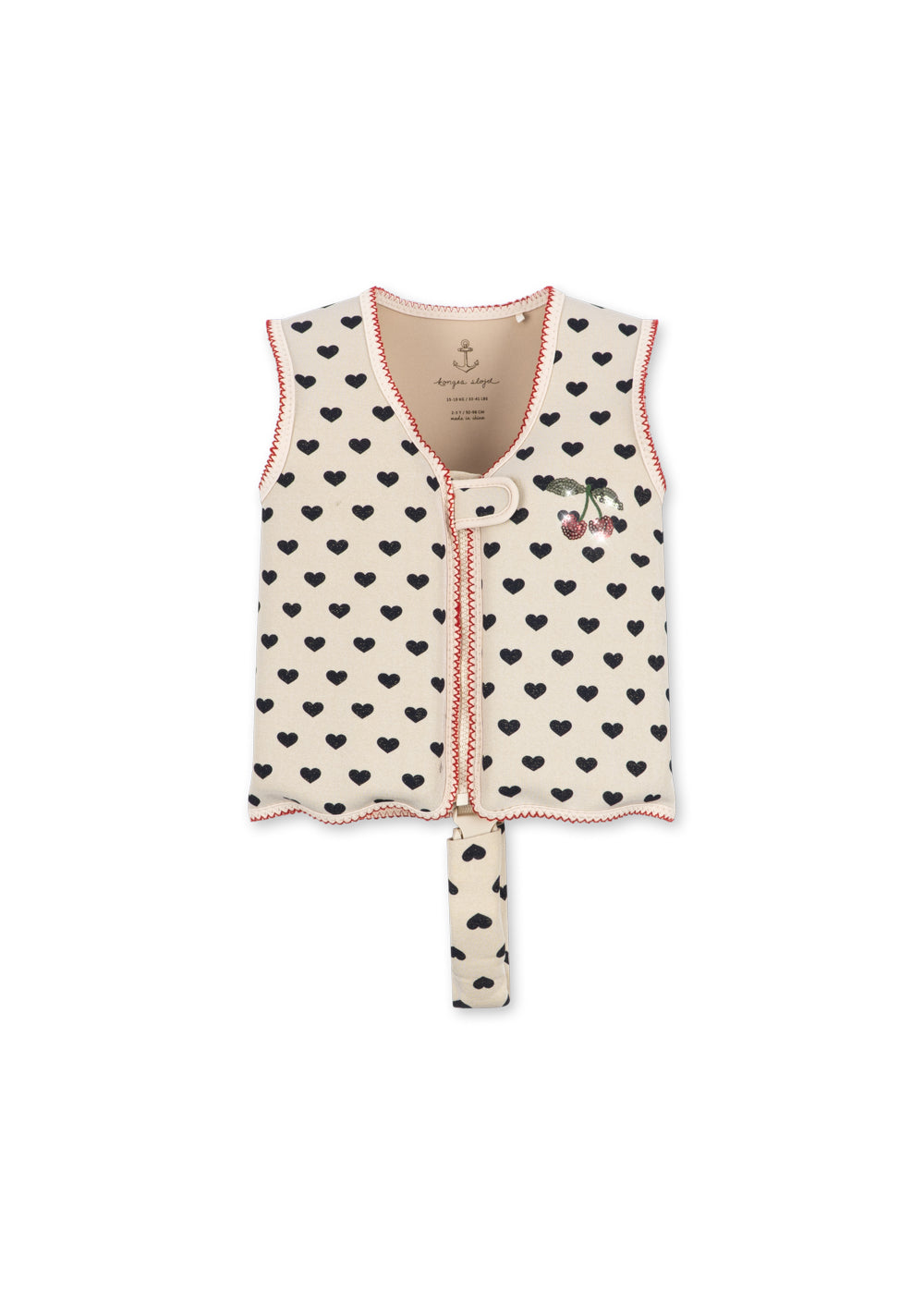 Front View Manon Schwimmweste von Konges solid mit dunkelblauen Herzen, roten Zierstich und Kirschenapplikation