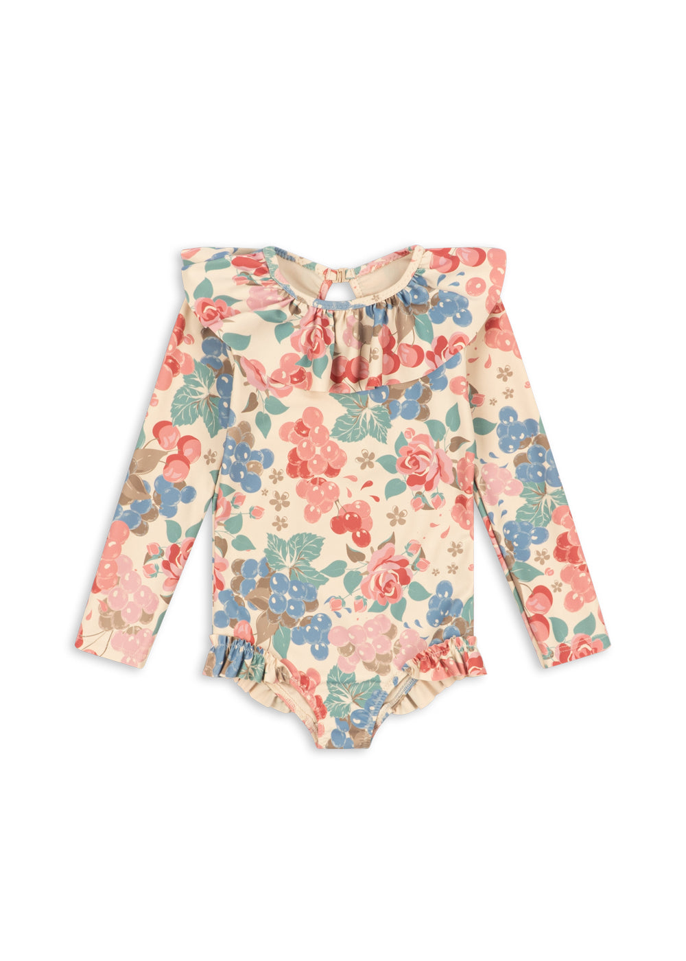Langärmliger Badeanzug Manuca für Mädchen mit süßem Trauben und Rosenprint "Bloomie Grape" und Rüschen von Konges Slojd