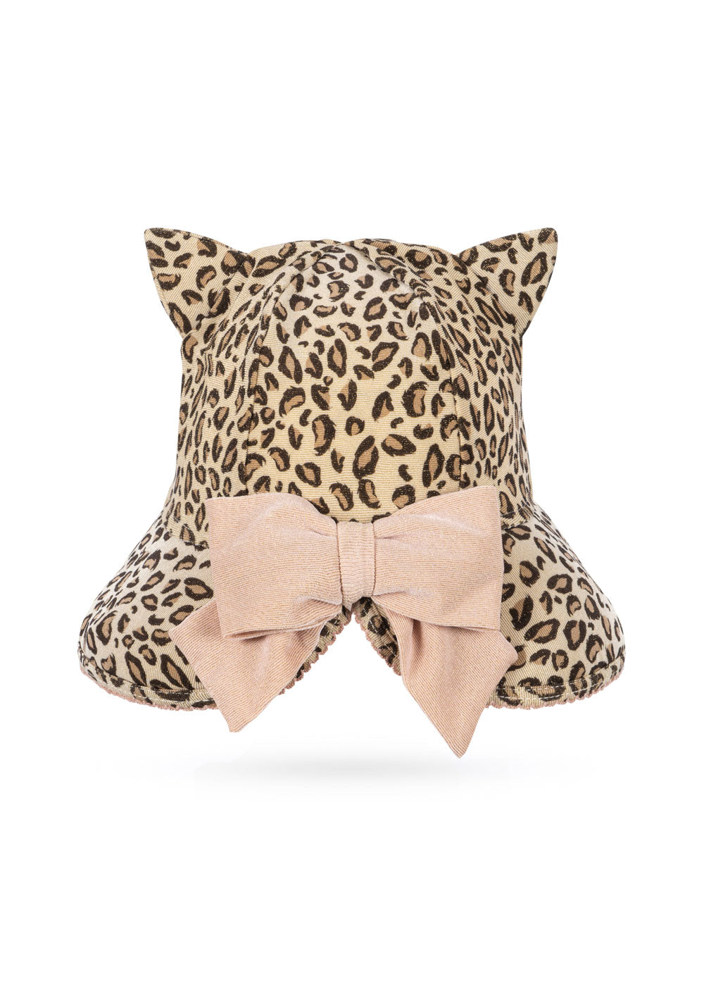 Detail Ansicht Rückseite Kitty cat Sun hat in Leo Print von Konges Slojd mit Schleife in zartem rosé-nude