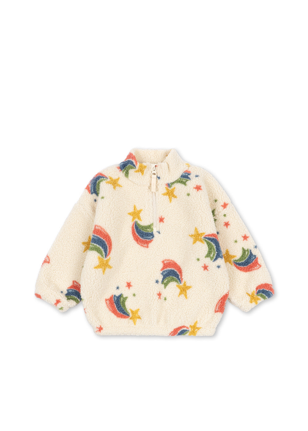 Flatly Front Jody Half-Zip Jacket von Konges Slojd mit Sternen und Regenbogen auf cremefarbenem Fleece