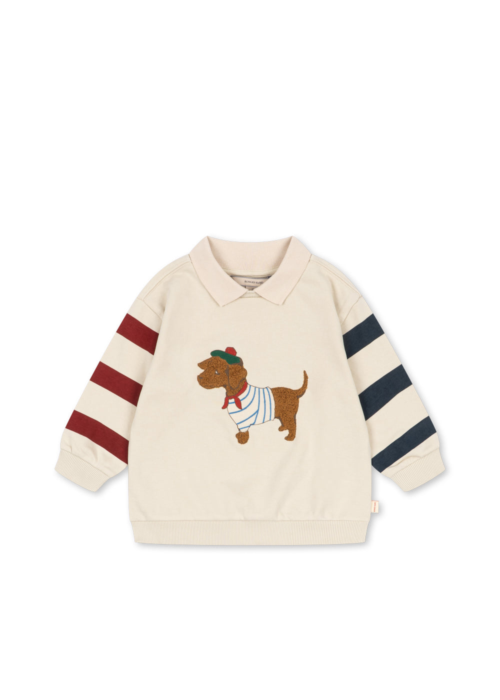 Kinder Sweatshirt Spotty von Konges Slojd mit französischem Dackel Boucle Stick auf der Front und Kontrast Ringeln an den Ärmeln